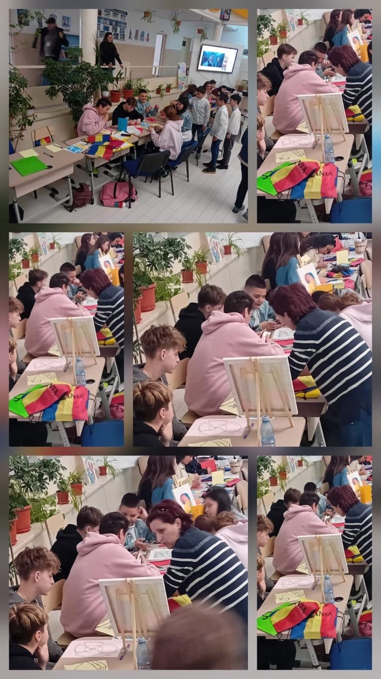 Colaj de la atelierul de lucru, cu materiale colorate pe mese