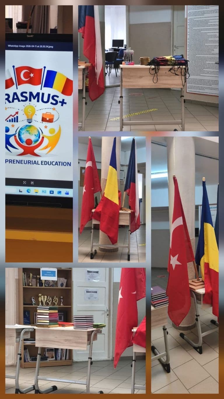 Colaj: bannerul proiectului Erasmus+ și drapelele țărilor partenere, în școală