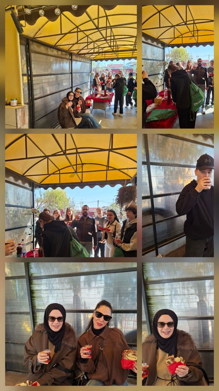 Colaj de fotografii de la masa luată împreună, sub o terasă acoperită