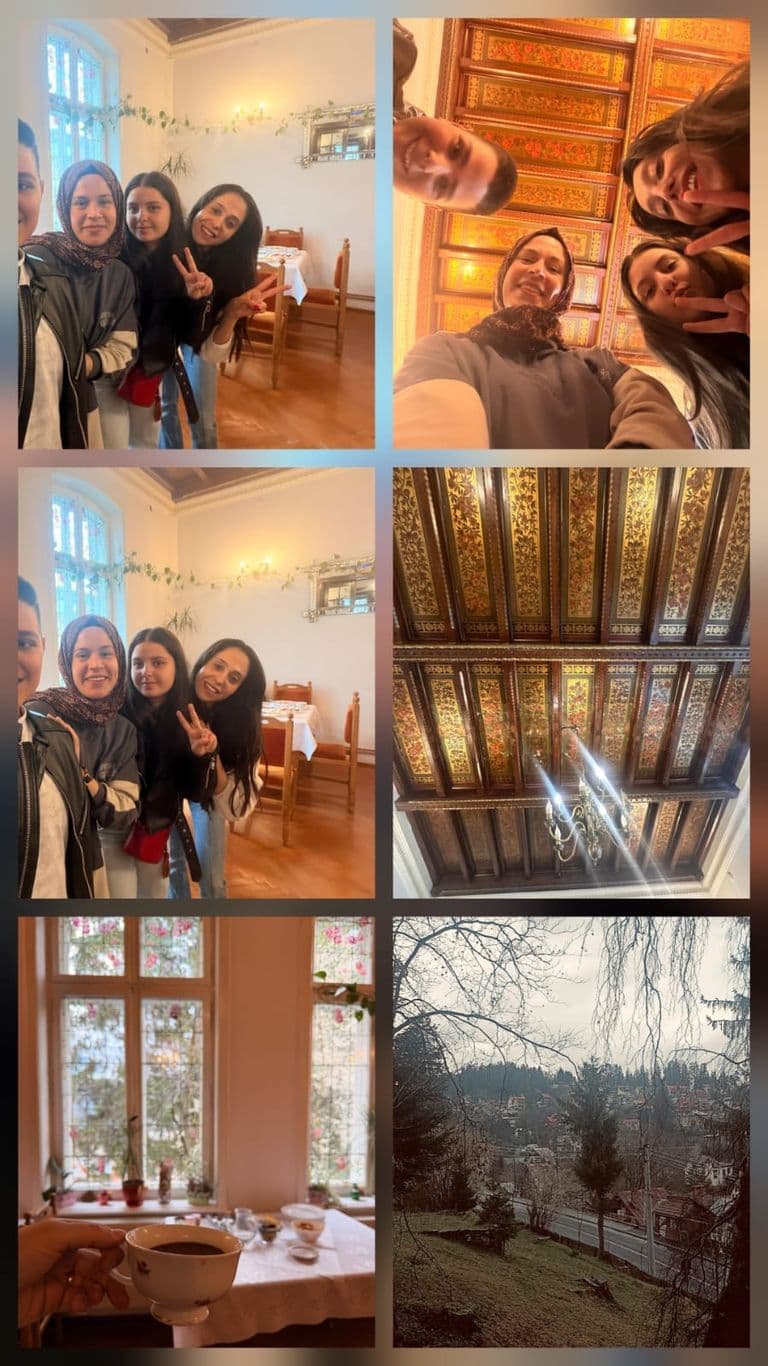 Colaj de fotografii dintr-un interior tradițional, cu tavan de lemn